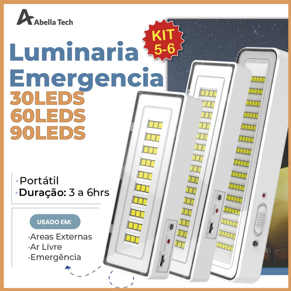 5-6 Luminária Emergência Lâmpada Portátil 30 60 90 Leds Recarregável Bivolt Luz Branca Fria