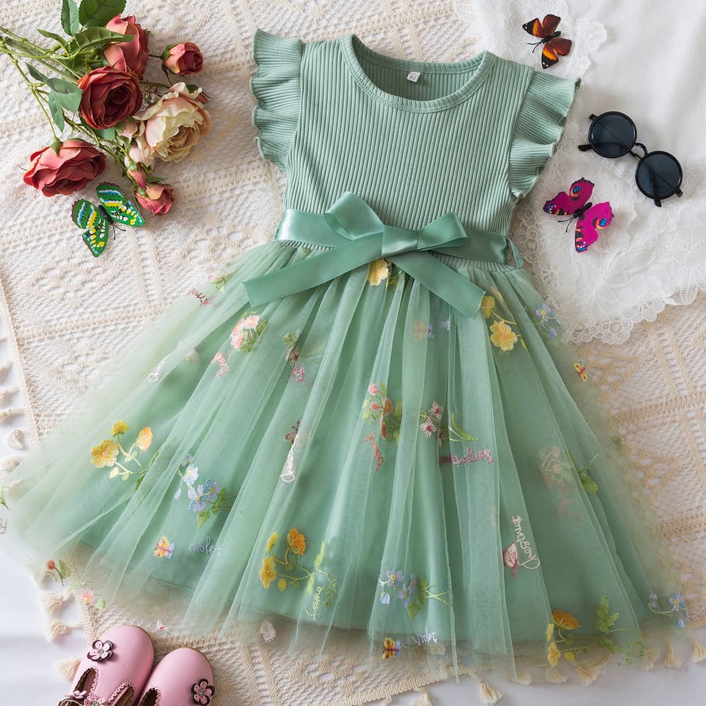 WFRV Bebê Menina Verão 1º Aniversário Festa Malha Bordado Flor Ribbon Bow Doce e Bonito Casual Chiffon Vestido