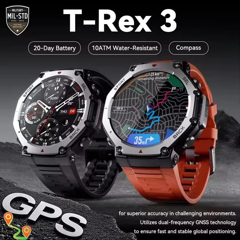 Amazfit T-Rex 3 True Independência GPS smartwatch Bússola Embutida Altímetro 10ATM À Prova D'água Esportes Relógio Intel