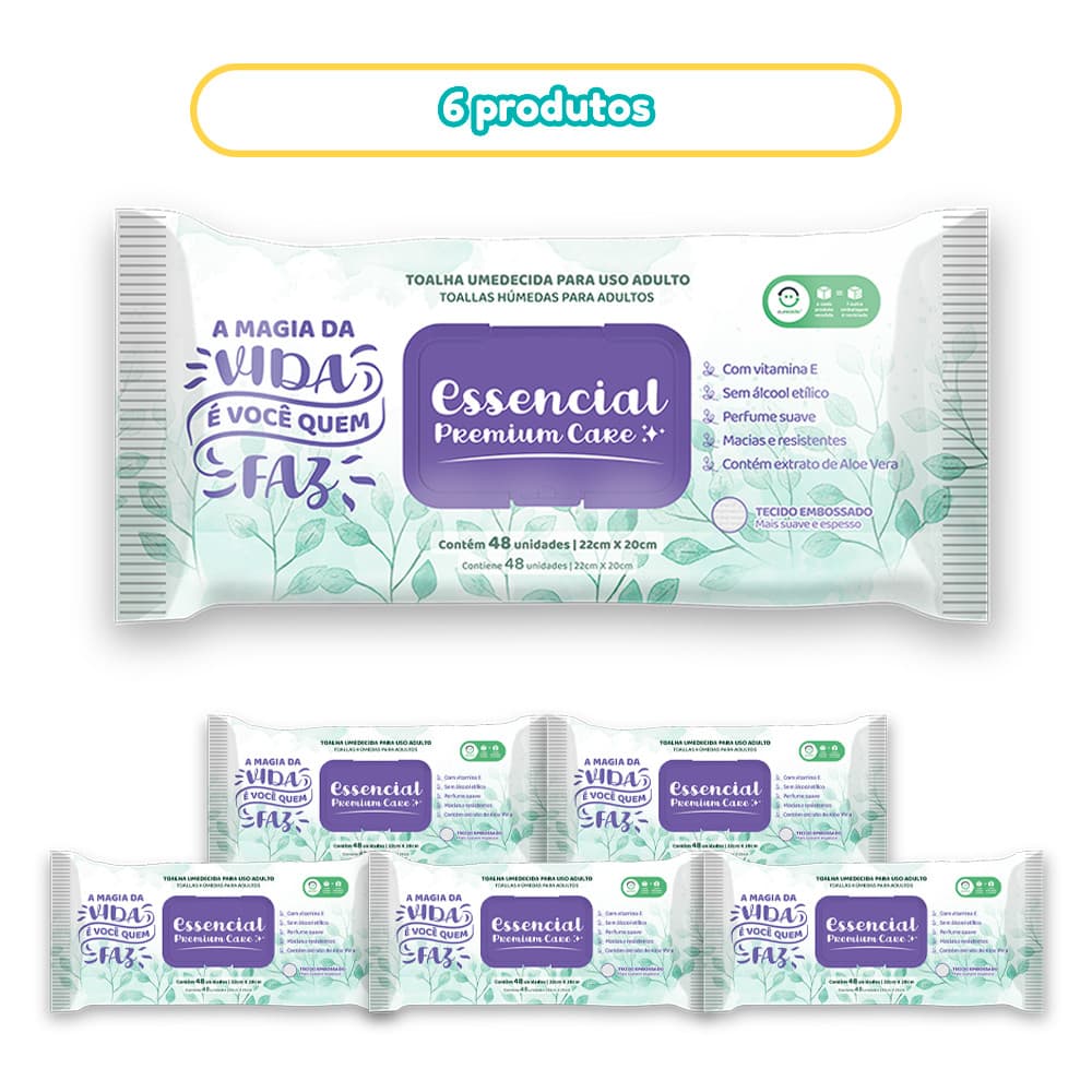 Kit 6 Toalhas Umedecidas Essencial Care Adulto 48 Folhas Cada