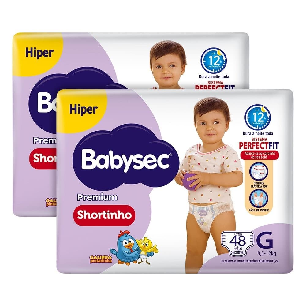 Fralda Descartável Babysec Shortinho Galinha Pintadinha Hiper Tamanho G - 2 Pacotes com 48 Fraldas - Total 96 Tiras