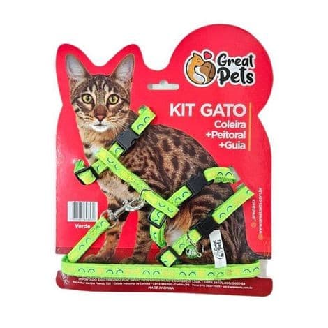 Kit Peitoral + Coleira + Guia Para Gatos Great Pets Cor Verde Viariados Tamanho Da Coleira Único
