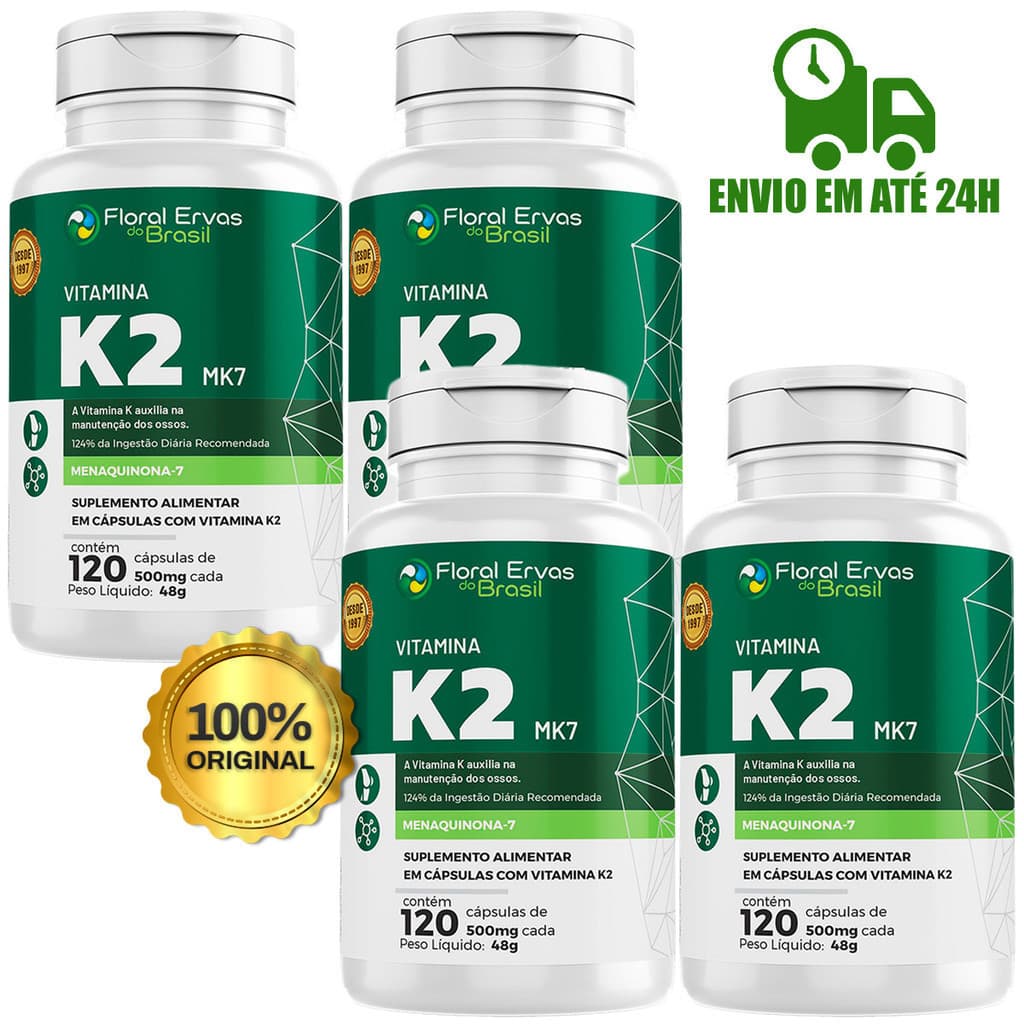 Kit Com 4x Vitamina K2 500mg MK7 Menaquinona -7 Floral Ervas