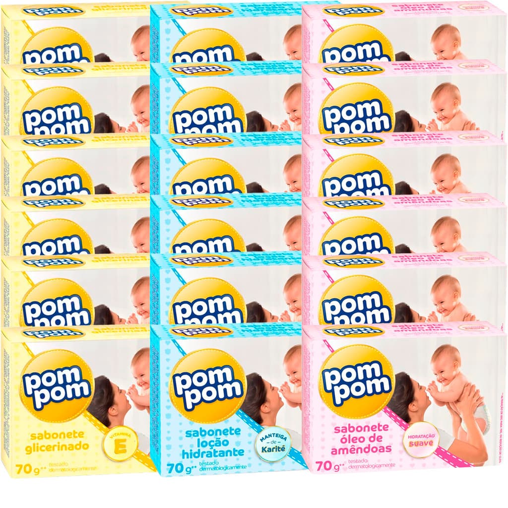 Sabonete Barra Infantil Pom Pom Glicerinado Hidratante com Manteiga de Karite ou Amêndoas 70g
