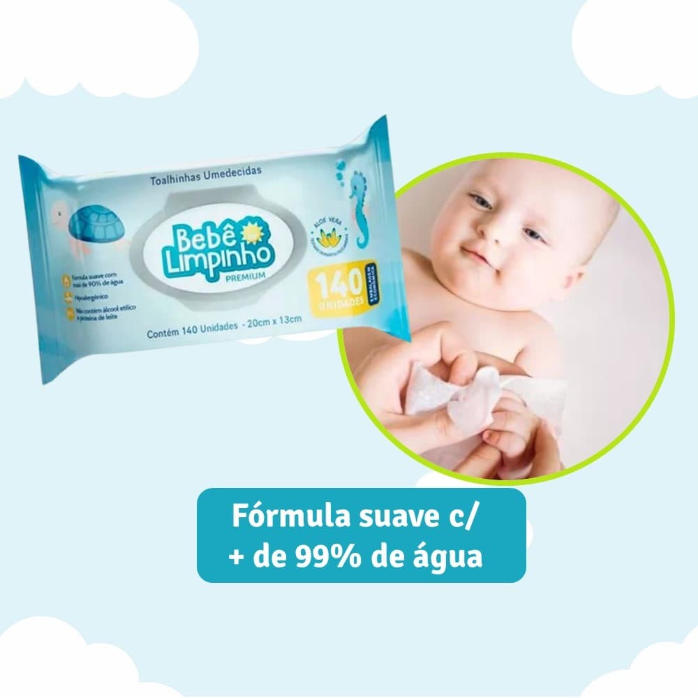 Lenço Toalhas Umedecidas Aloe Vera Bebê Limpinho Premium Pacote 140 Unidades