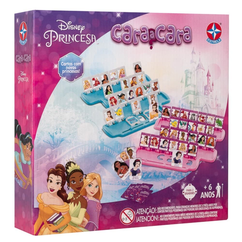 JOGO CARA A CARA PRINCESAS DISNEY ESTRELA BRINQUEDOS MESA FAMÍLIA DIVERSÃO 2 TABULEIROS CARTA MENINA