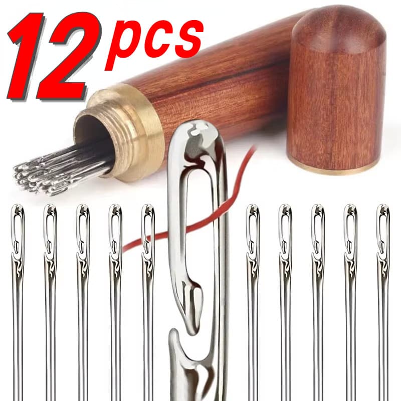 12 Unidades/Caixa Agulhas De Costura De Aço Inoxidável Ferramentas De Rosqueamento Com Cilindro De Madeira De Armazenamento/Afiadas De Olho Grande Para Acessórios Manual