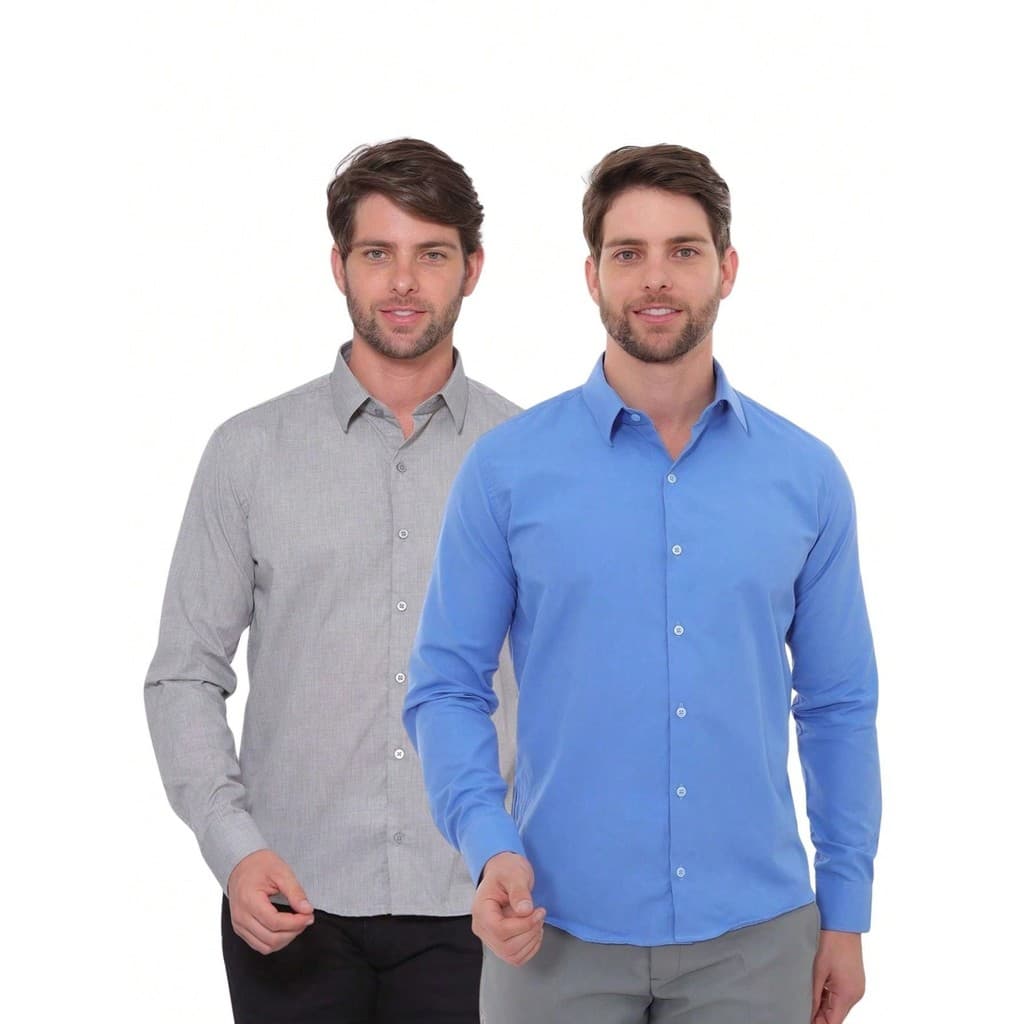 KIT Masculino 2 Peças - Camisa Social Masculina Premium Tipo Linho Smoke e Camisa Social Slim Manga Longa Azul Motorista