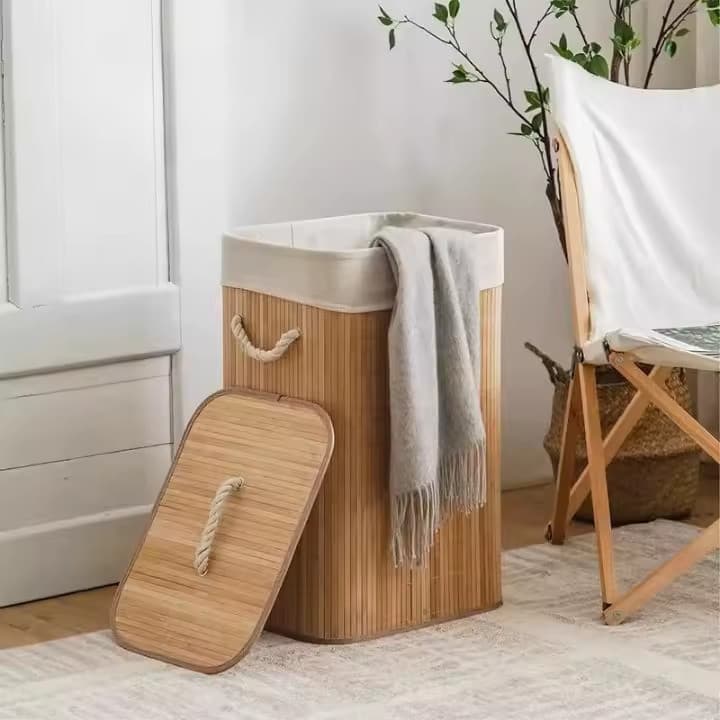 Cesto Roupa Bambu Retangular Redondo Com Tampa Cesto Oraganizador Roupa Suja Alças Banheiro