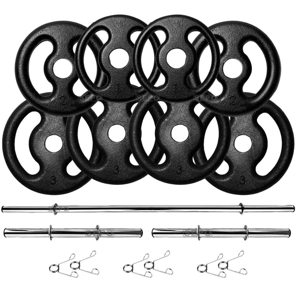 Kit 18Kg Anilhas de Ferro com Barras de 40cm e 1.60m Treino em Casa