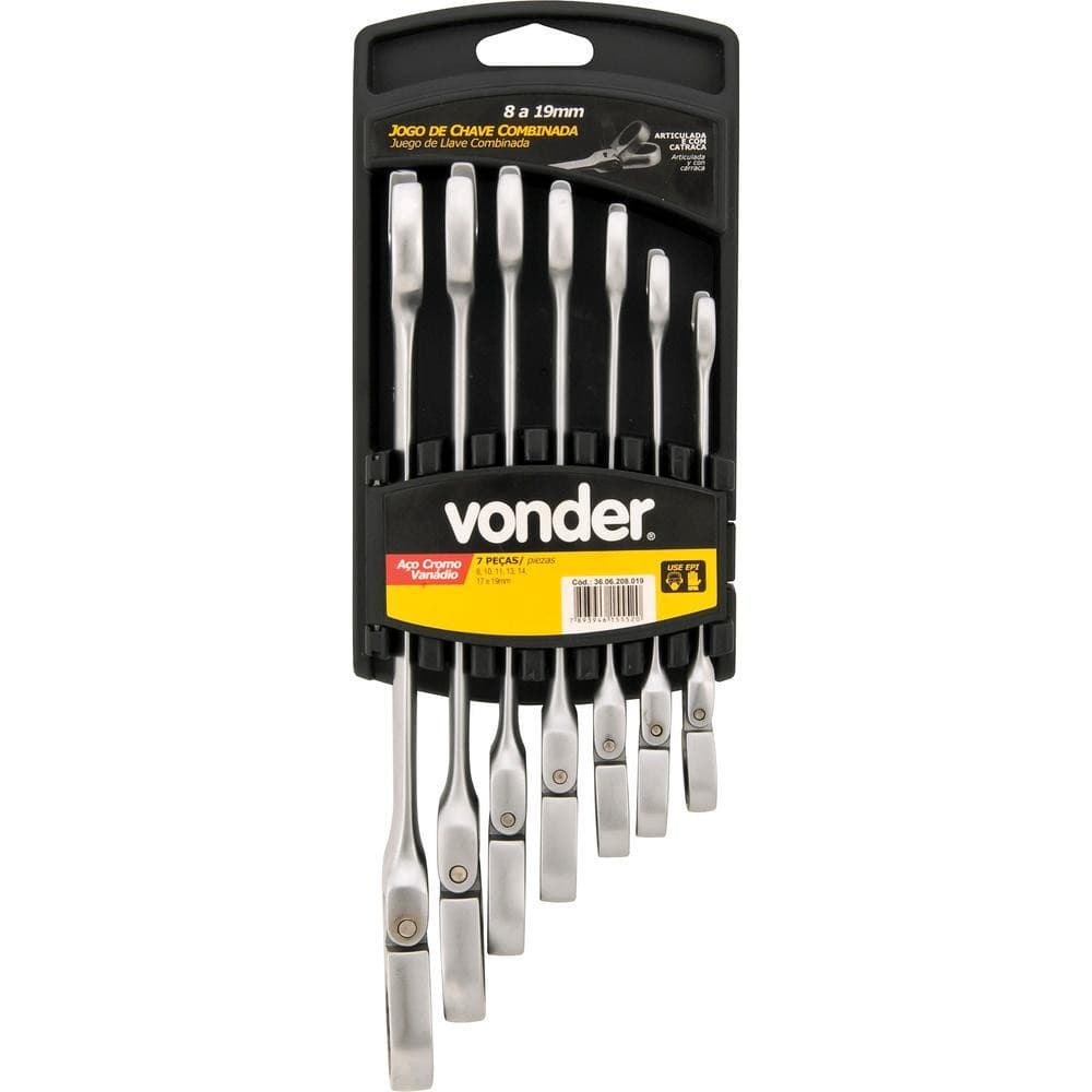Jogo Chave Combinada com Catraca Articulada 8-19mm Cromo Van Vonder