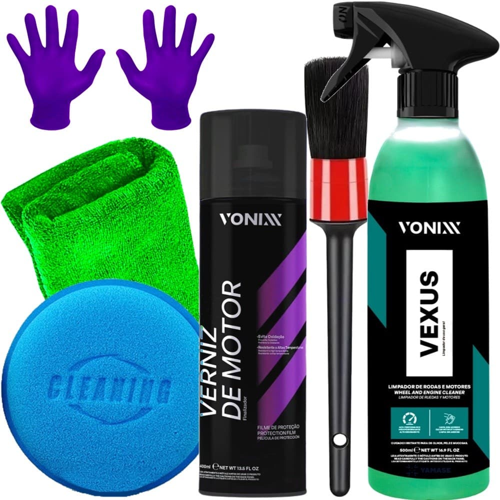Kit Limpeza de Motor Moto Carro Produto para Limpar Motor Vexus Vonixx Verniz Aerossol Pincel Pano Aplicador Luva