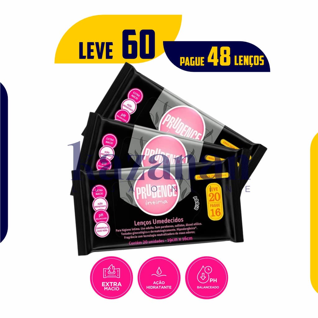 Kit com 3 Pcte Lenço Umedecido Prudence Intimo Pague48 Leve 60 Lenços