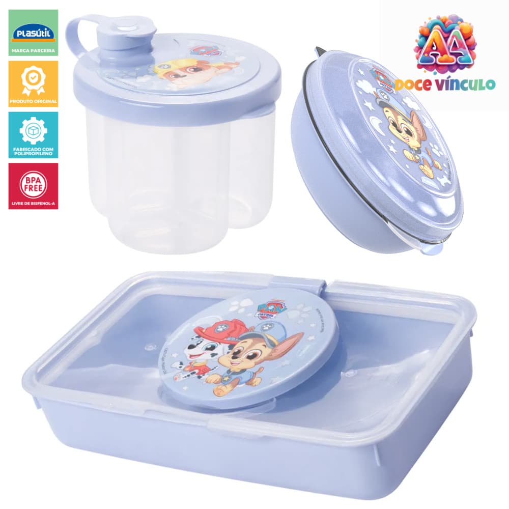 Kit  Porta Lenços Umedecidos Saboneteira e Dosador de Leite Portátil Tampa Patrulha Canina Baby Azul