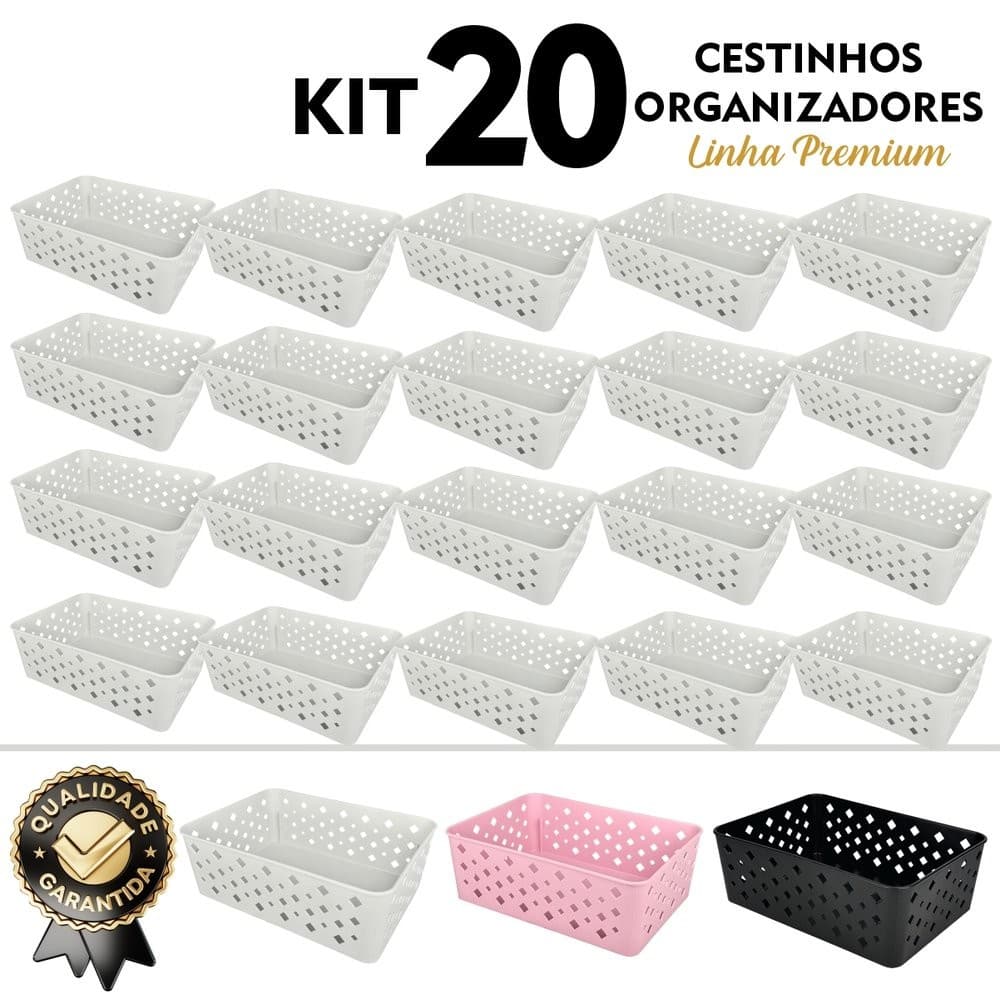 Cesto Organizador Kit 20 Pcs 19x14x7cm Ideal P/ Org. Lavanderia Cozinha Quarto Banheiro Escritório