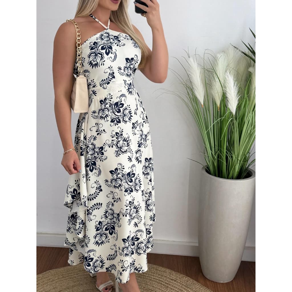 Vestido Feminino Primavera 2024 Halter Pescoço Vestido De Verão Sudeste Asiático Estilo Férias Branco Impressão Abstrata