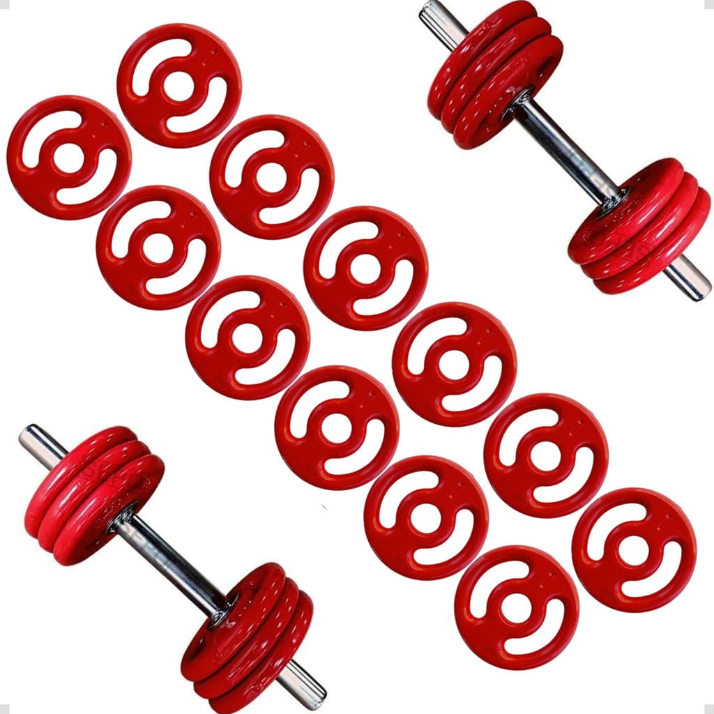 Kit Anilhas 1Kg 12Un Emborrachada vermelha 12Kg Com 2 Barras 40Cm Halter Exercício Academia Treino