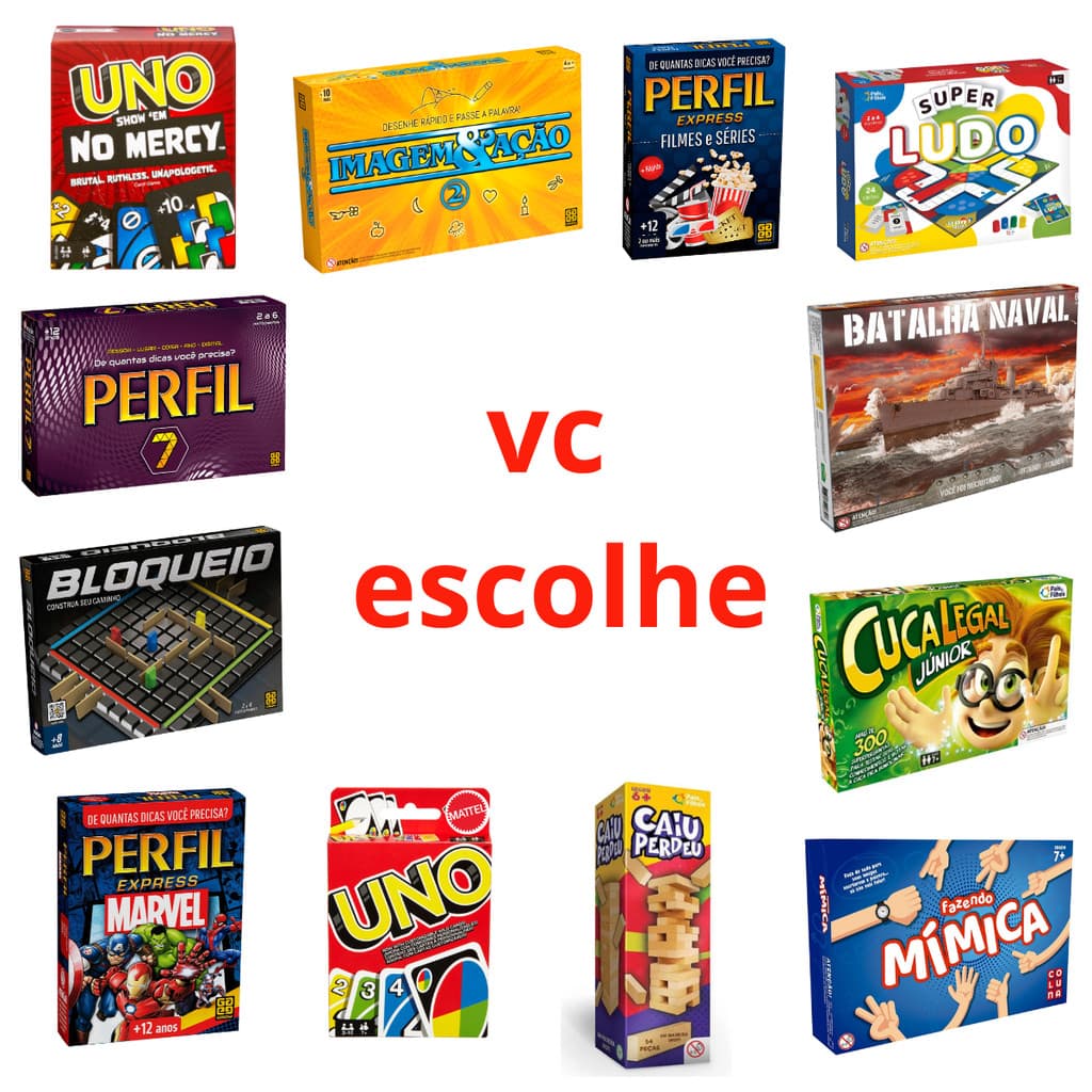 Jogos VC Escolhe Infantis Carta Tabuleiro Caiu Perdeu Ludo Forca Mimica Perfil Uno Clássicos Familia