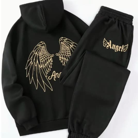 Conjunto Moletom agasalho blusa de frio Canguru Calça Moletom Asas Angel Moda Streetwear Algodão Confortável Casual