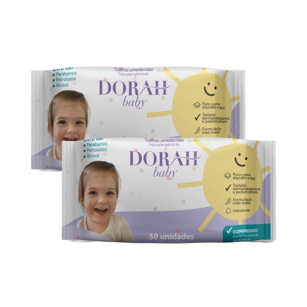 2 Pacotes - Toalhas/Lenços Umedecidos SEM ÁLCOOL - 50 Folhas - Dorah Baby (Total 100 Folhas)