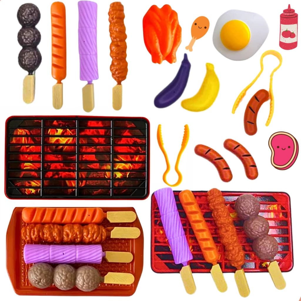 Kit Churrasqueira Infantil 13 Peças Brinquedo Educativo BBQ Faz de Conta Completo Com Espetinho