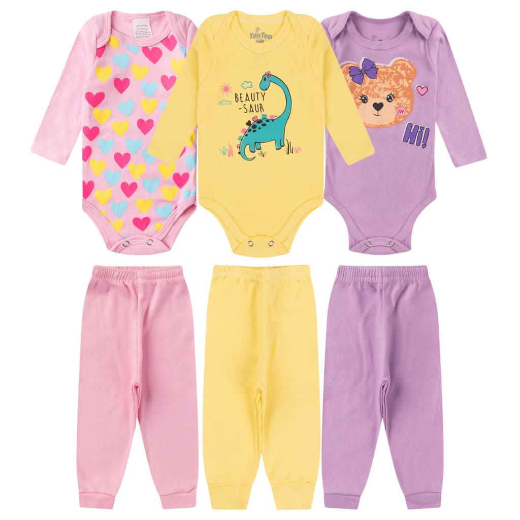 Kit 6 Peças Body Bebê Manga Longa Roupas de Bebê Menina 100% Algodão