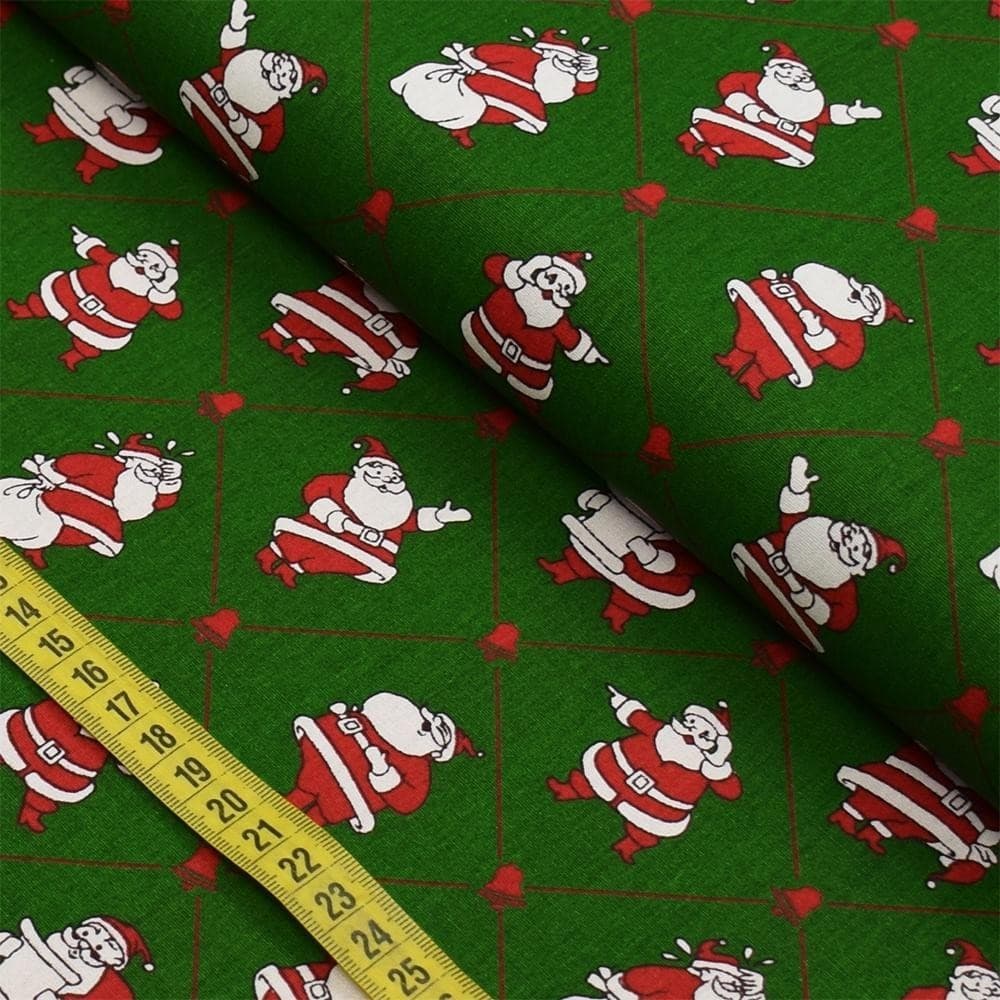 Tecido Estampado para Patchwork - Natal : Papai Noel com Sino Fundo Verde (0,50x1,40)