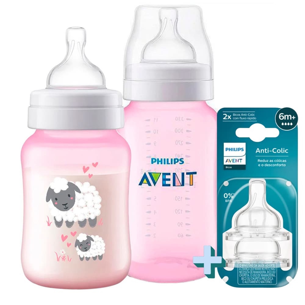 Kit 2 Mamadeiras Avent Bebê Philps Anti Colica Ovelha Rosa + Bico