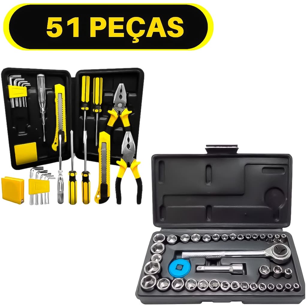 Kit Jogo Ferramenta 51 Peças Soquetes Canhão Chave Catraca Reversível Estilete Alicate Fenda Philips
