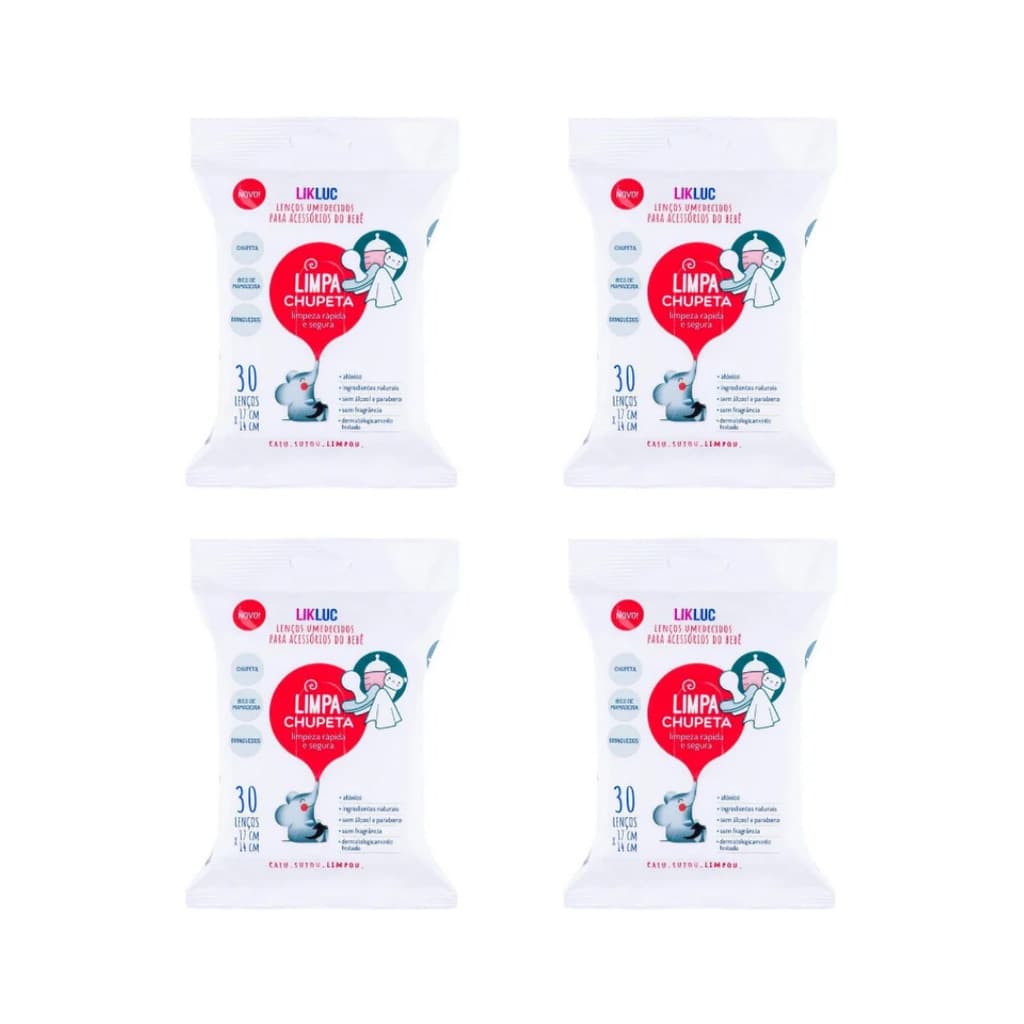 KIT 4 Limpa Chupeta Lenços Umedecidos Higienizadores Likluc Bebê Limpeza Rápida Sem Álcool