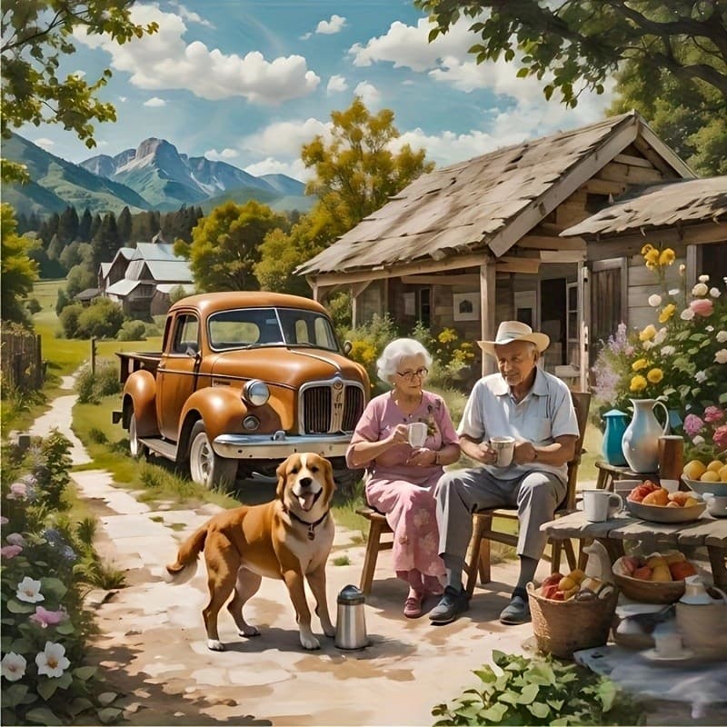Kit De Pintura De Diamante Em Tela Sem Moldura 5D DIY-Vida Aconchegante Rural , Mostrando Um Casal Idoso Bebendo Chá De 