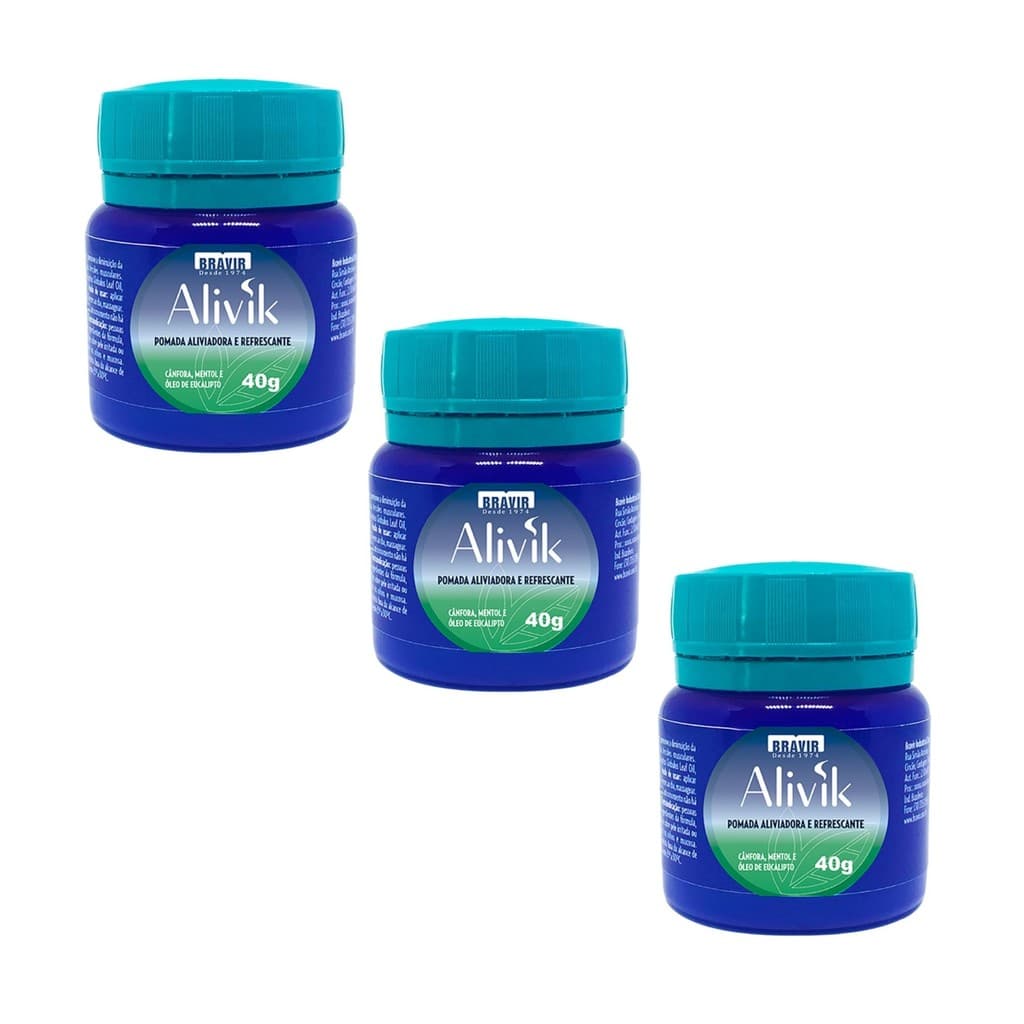 Kit 3 Pomada Alivik Mentol Cânfora Óleo Eucalipto 40g Bravir