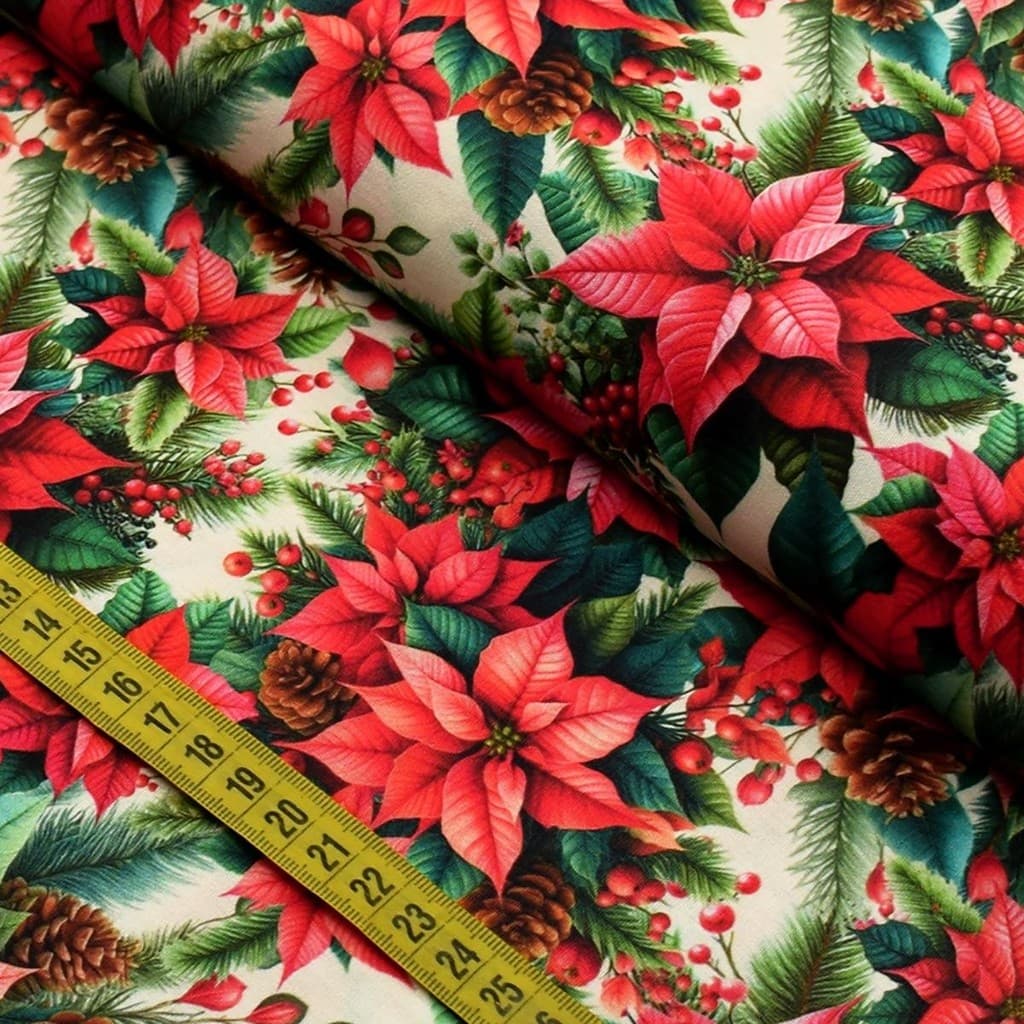 Tecido Estampado para Patchwork - Natal : Poinsetia e Pinhas (0,50x1,50)
