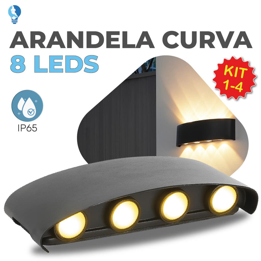 Luminária Arandela Led Meia Lua Curva 8W Parede Luz Quente 8 LEDS Estrutura Preta