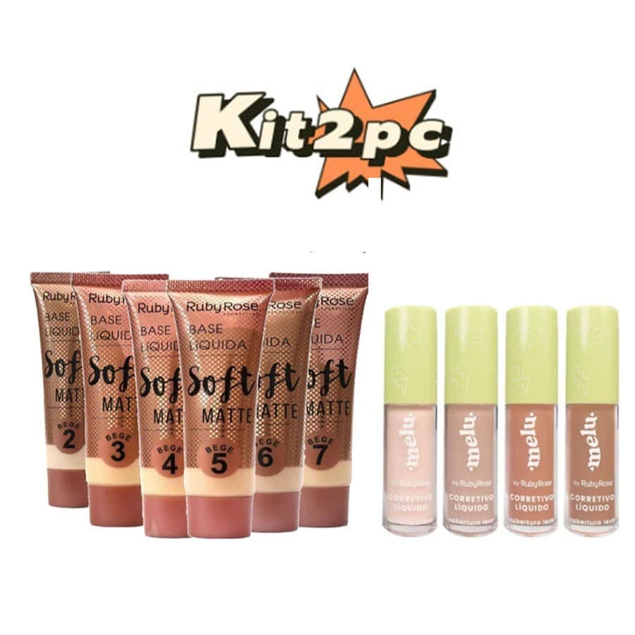 KIT Base Líquida Soft Matte Bege Ruby Rose + Corretivo Líquido Cobertura Leve Melu Ruby Rose