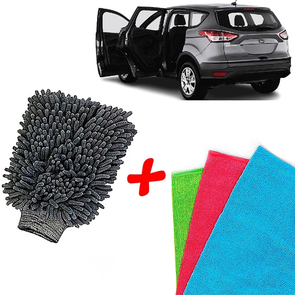 Kit de Lavar Carro Moto Limpeza automotiva Luva +3 Pano Microfibra