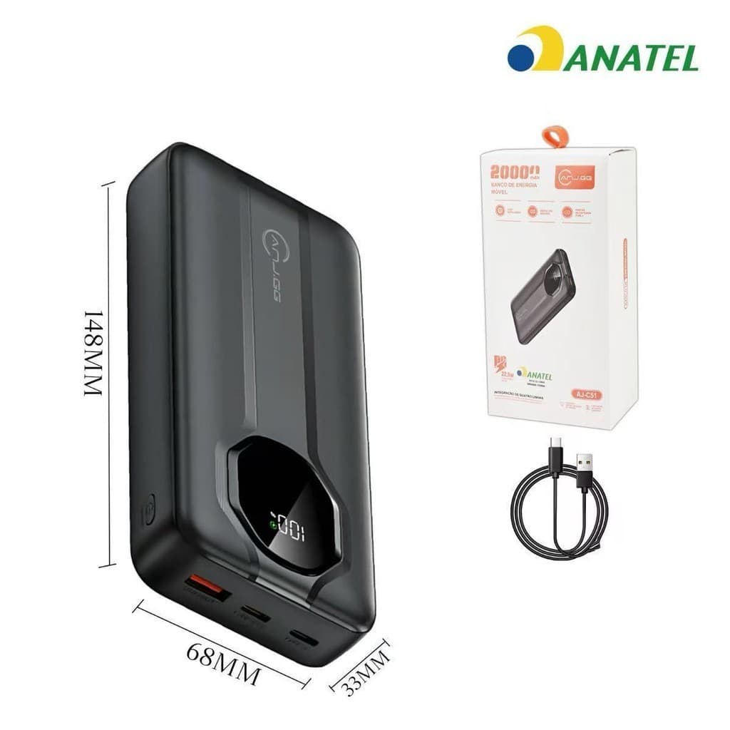 Power Bank 20000mAh Carregador Portátil Carregamento Rápido com Display Digital e Cabos Integrados para Celular