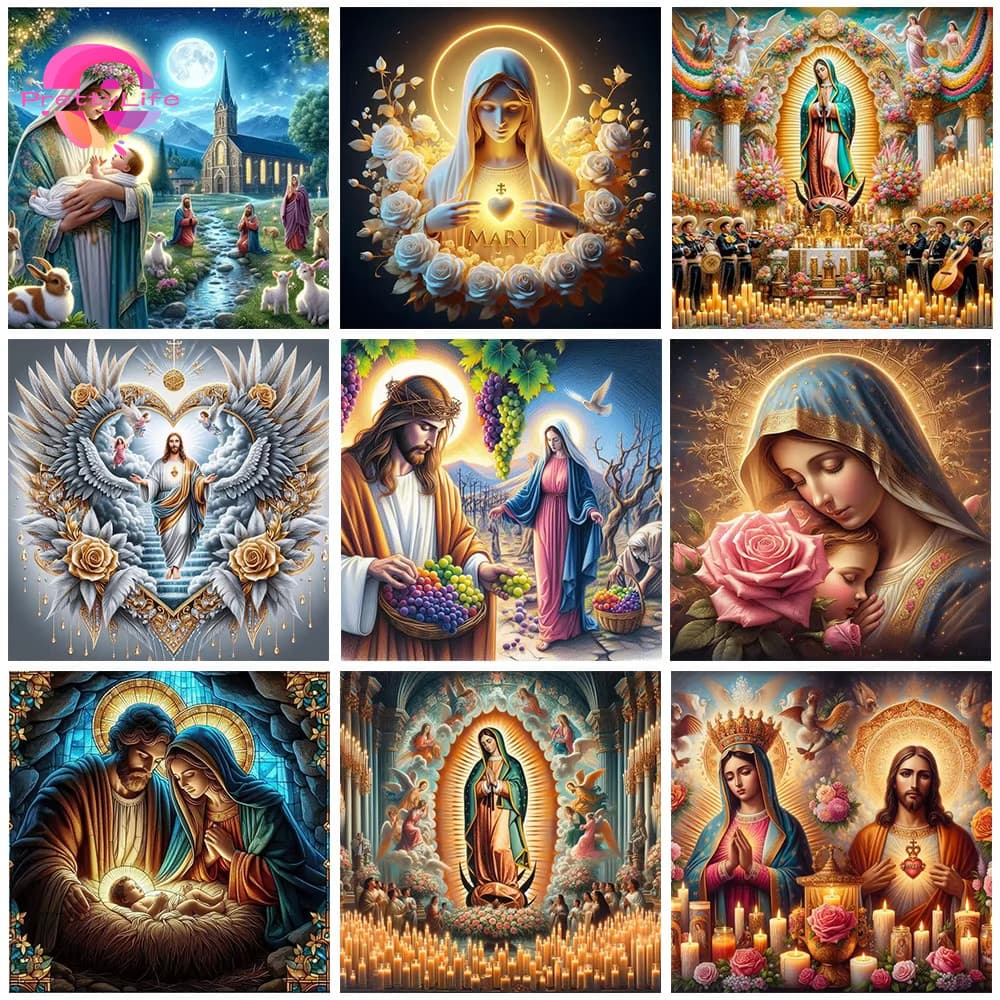 Conjunto De Pintura De Diamante 5D Religioso Jesus Virgem Maria Cruz De Cristal Ponto Cheio Decoração De Parede Para Casa 30x30cm/40x40cm/50X50CM
