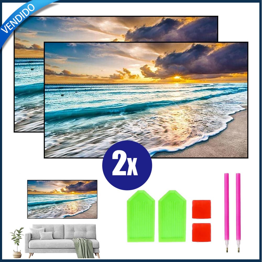 2x Conjunto de pintura com diamantes 5D, pintura decorativa com diamantes, pintura de pôr do sol à beira-mar, 70 x 40 cm