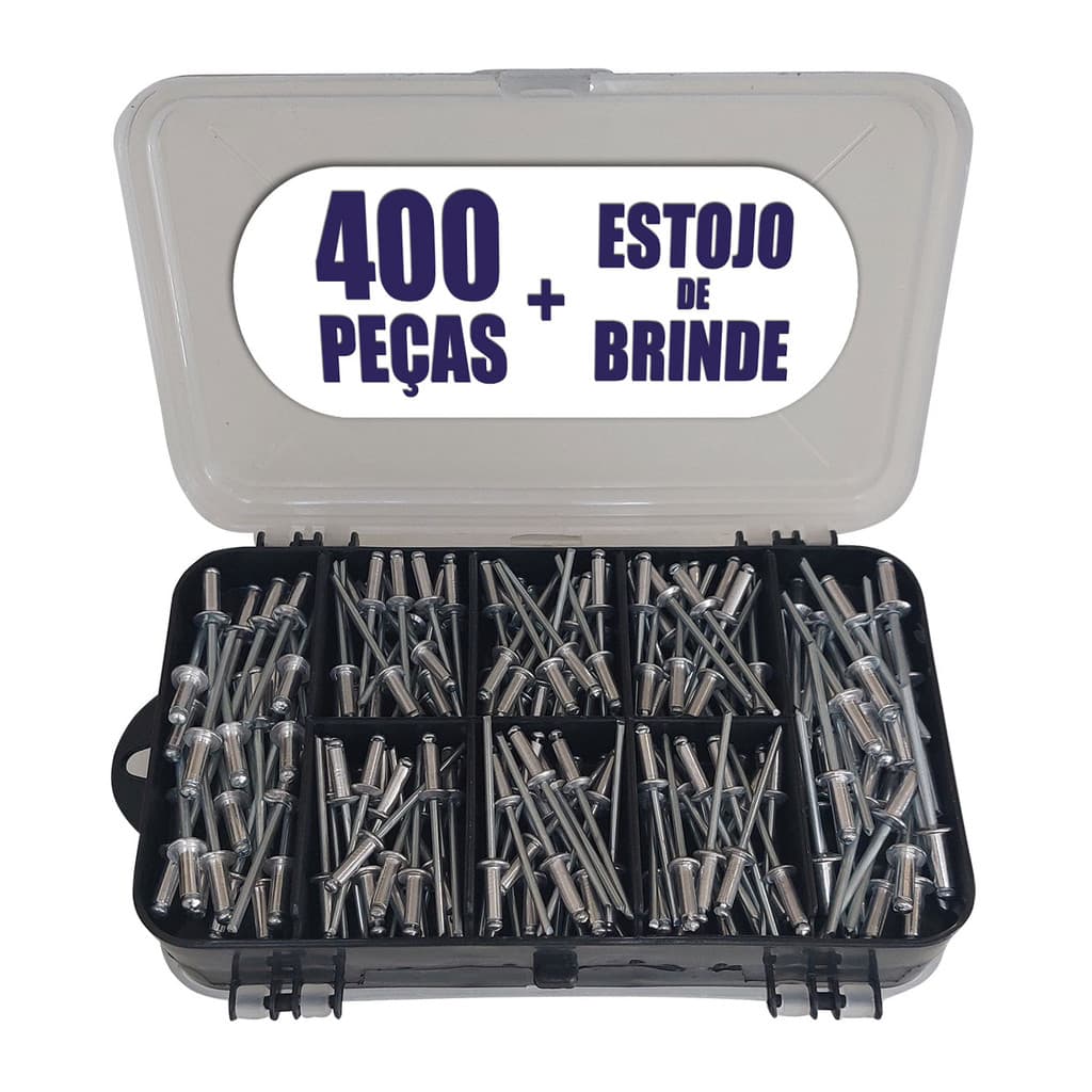 Kit 400 Rebites + Estojo Organizador Dupla tampa + Brocas 