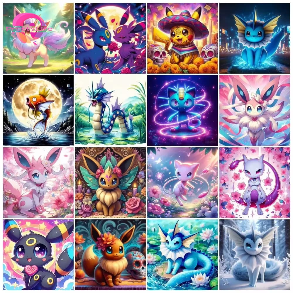 Conjunto De Pintura De Diamante 5D Pokémon Umbreon Eevee Paisagem Cristal Ponto Cruz Completo Decoração De Parede Para C