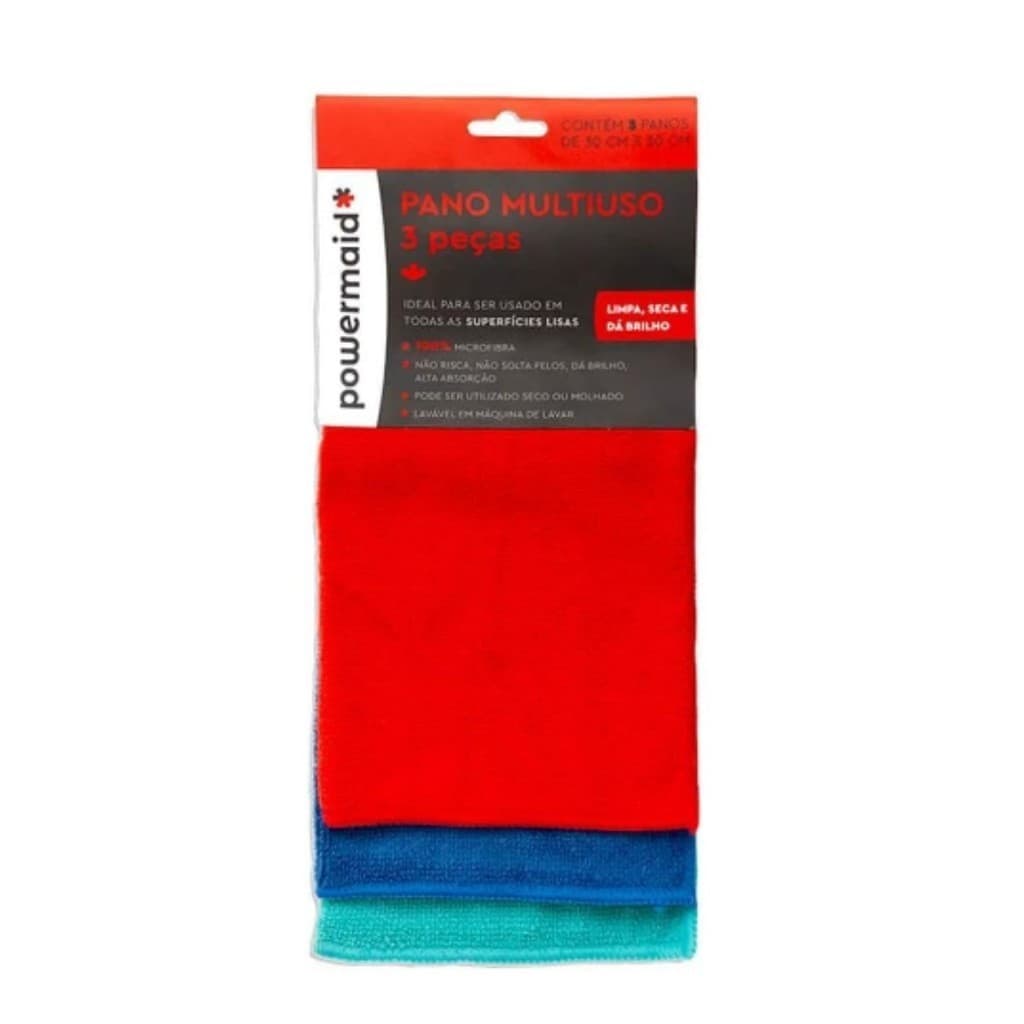 Kit 3 Panos de Microfibra Multiuso Alta Absorção 30x30cm Casa Carro Powermaid