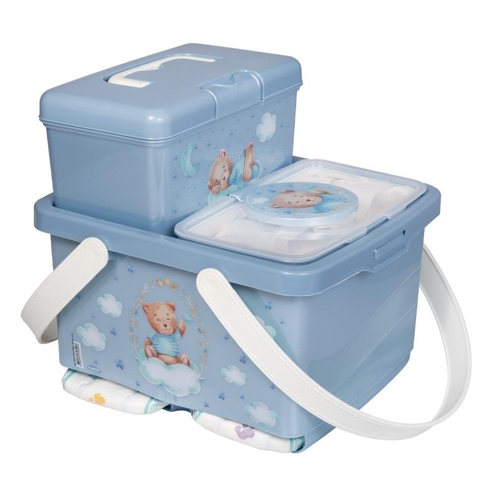 Kit Trocador Urso Azul 3 Peças Bebê Enxoval Lenço Fralda Caixa Plasútil