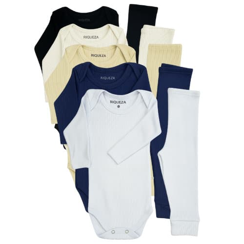 Kit 10 Pecas Body Bebe Manga Longa e Calca Malha Canelada 100% Algodao Conjunto Bebê Menino Unissex