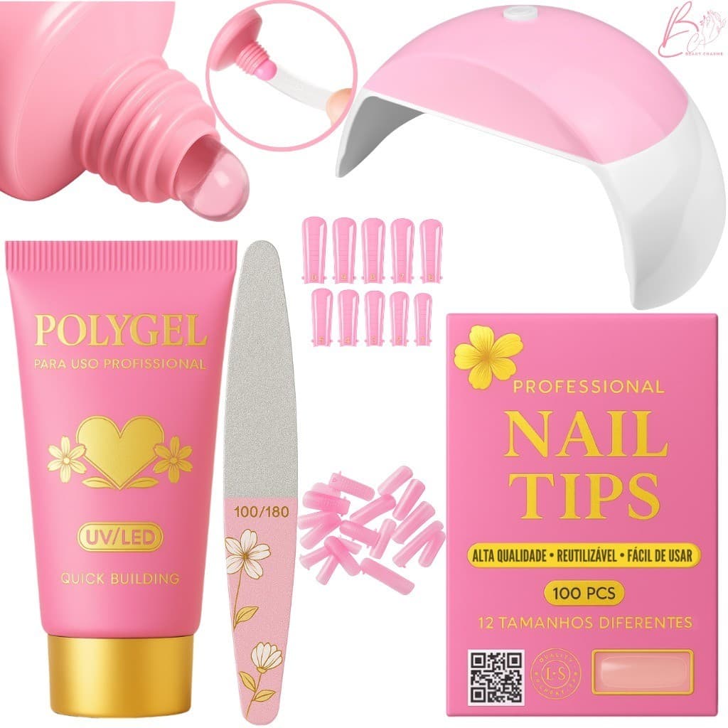 Kit Unha Gel Completo Cabine Forninho + Polygel + Lixa + 10 Unhas Molde F1 Manicure Iniciante Alonmaneto