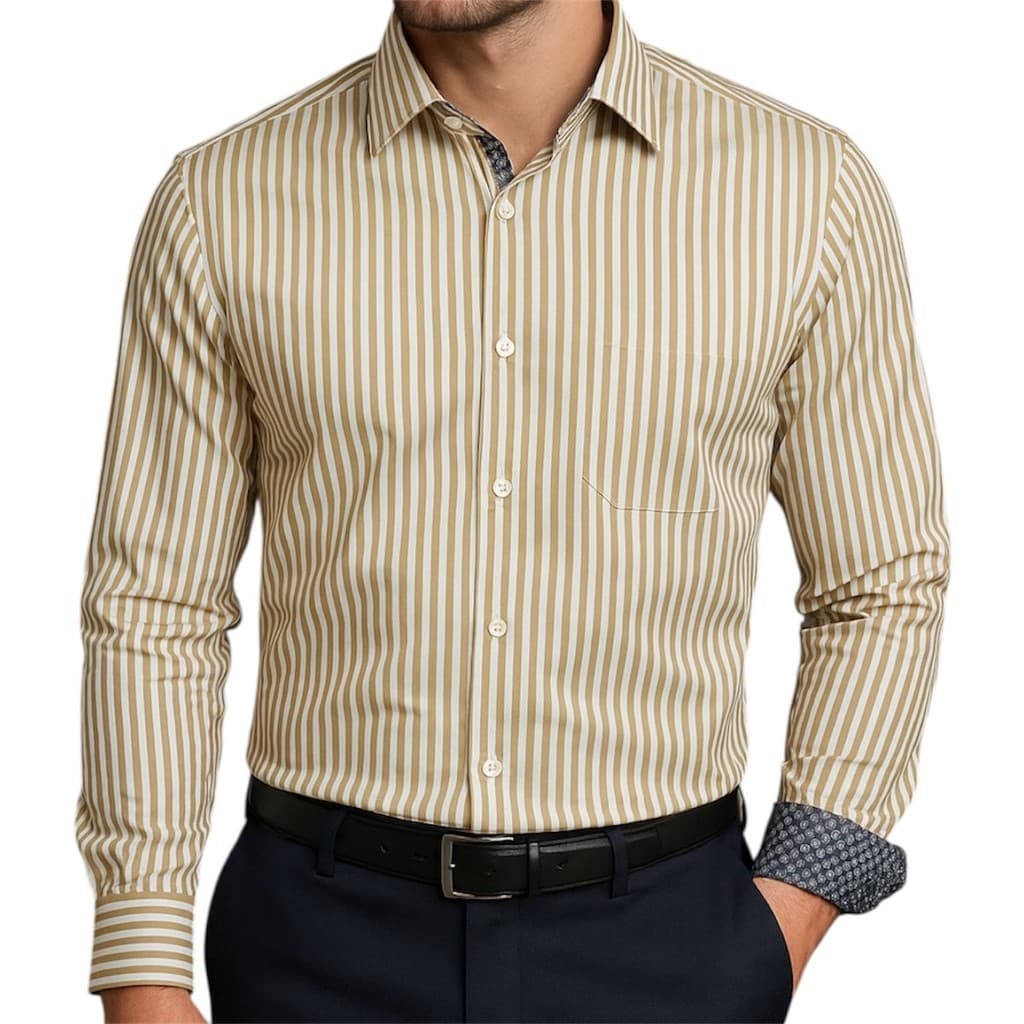 Camisa Social Masculina Empório Colombo Slim Listrada Caqui 100% Algodão Várias Cores