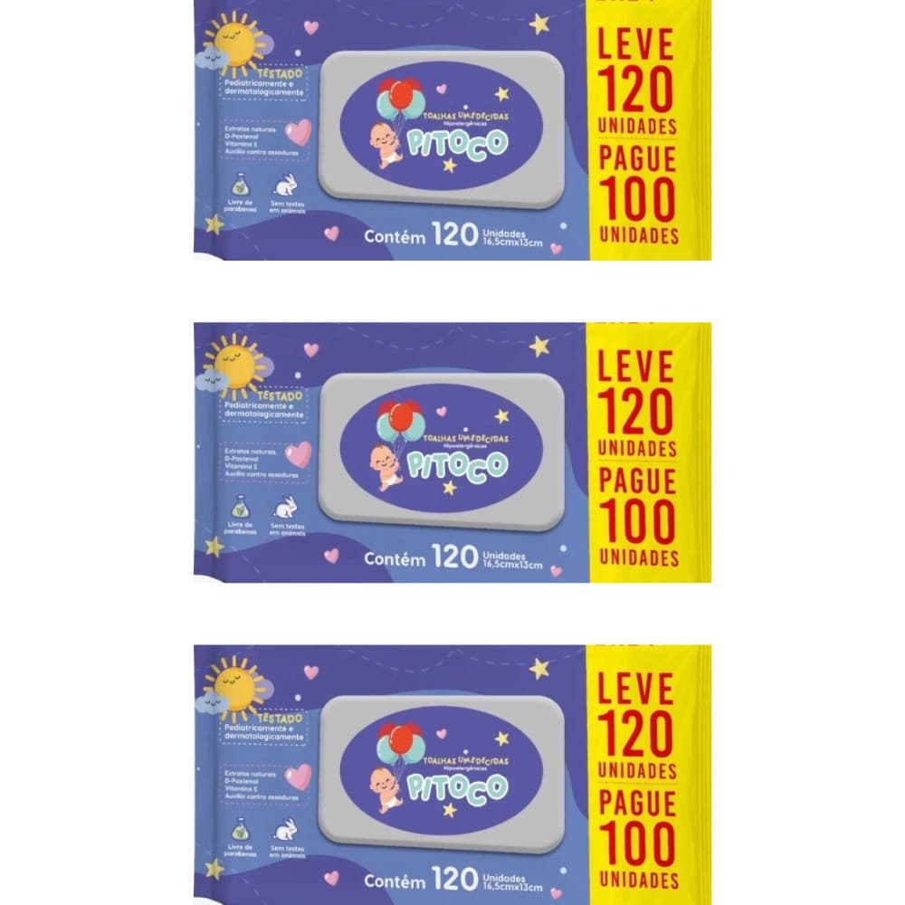 Kit Contém 3 Lenço Umedecido Pitoco Com 120 unidades - CIMED
