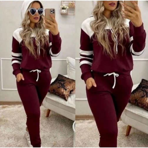 Moleton  De Frio Feminino Blusa e Calça Malha Crepe com Capuz
