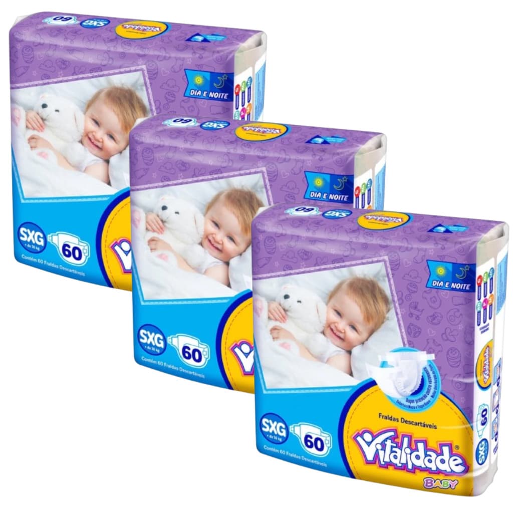 Kit 3 Fralda Destartável Pacotão Vitalidade Baby Hiper - Tamanho XXG - Total 180 Unidades