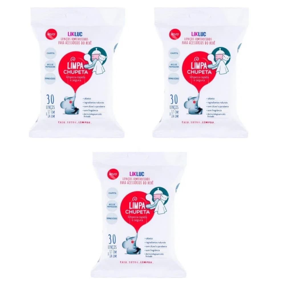 KIT 3 Limpa Chupeta Lenços Umedecidos Higienizadores Likluc Bebê Limpeza Rápida Sem Álcool